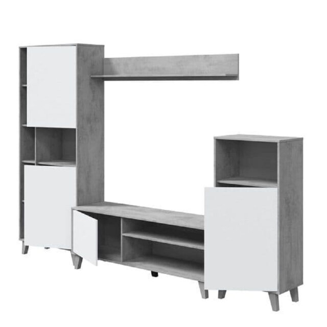 Eriksen White And Concrete Grey Effect Large Tv Entertainment Wall Unit Cabinet