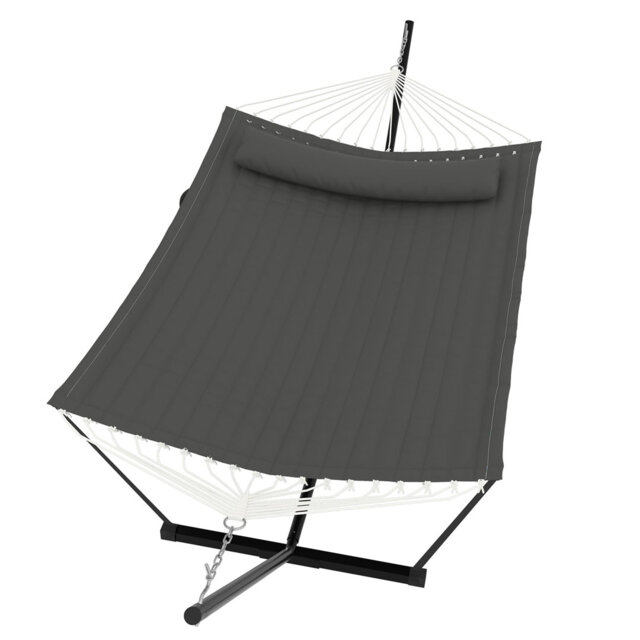365cm 2 Person Freestanding Double Hammock with Stand, Dark Grey Outdoor Hammock Equipped with Pillow & Balance Rope, 204kg Load Capacity for Patio Ba