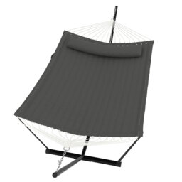 365cm 2 Person Freestanding Double Hammock with Stand, Dark Grey Outdoor Hammock Equipped with Pillow & Balance Rope, 204kg Load Capacity for Patio Ba