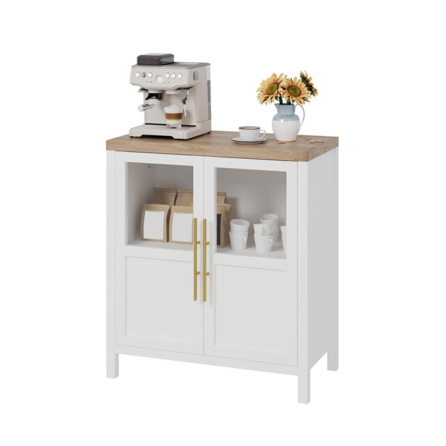 "Sideboard With 2 Glass Doors, 29"" Large Buffet Cabinet With Solid Wood Countertop, Coffee Bar Cabinet With 2 Drawers, Modern Farmhouse Storage Table f"