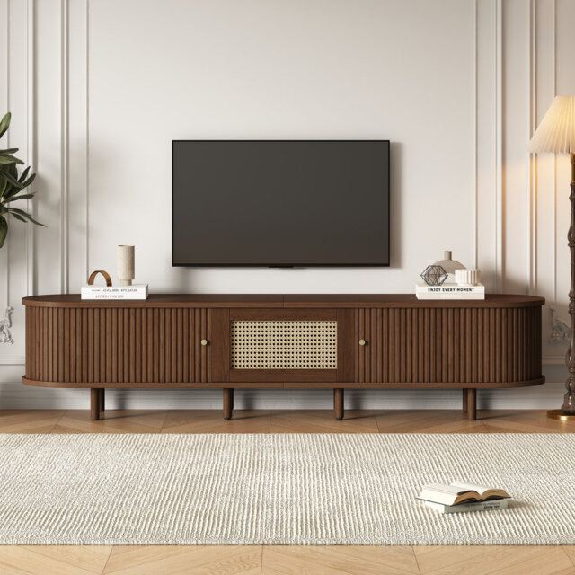 Dark Wood Rattan Tv Stand Cabinet With Sliding Doors