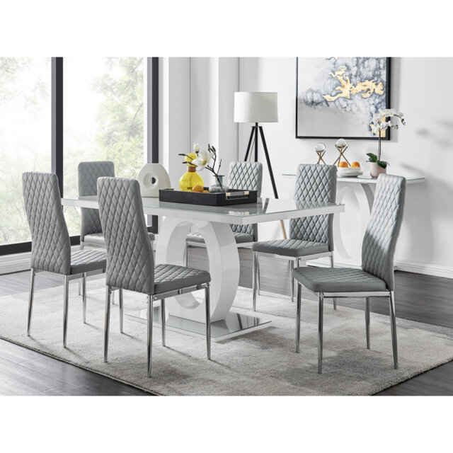 Scottsmoor High Gloss Halo Dining Table Set & 6 Luxury Faux Leather Dining Chairs - Modern Design