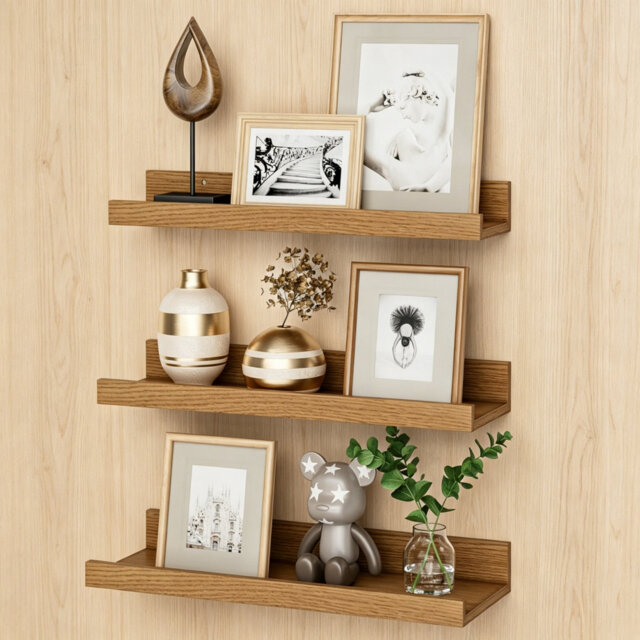 Set of 3 Oak Floating Wall Shelves, 40cm Wall Mounted Picture Ledge Shelves, Multi-Purpose Kids Book Storage Display Shelf for Living Room, Kitchen, B