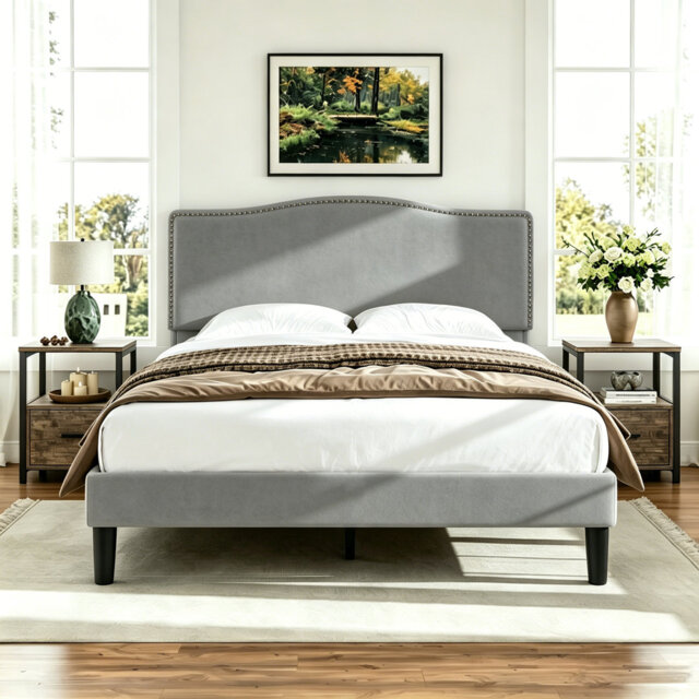 3 Pieces Bedroom Set, Bed Frame with Velvet Upholstered Headboard, Platform Bed Frame and 2 Nightstands with Drawer, No Box Spring Needed, Easy to Ass