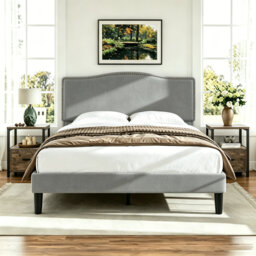 3 Pieces Bedroom Set, Bed Frame with Velvet Upholstered Headboard, Platform Bed Frame and 2 Nightstands with Drawer, No Box Spring Needed, Easy to Ass