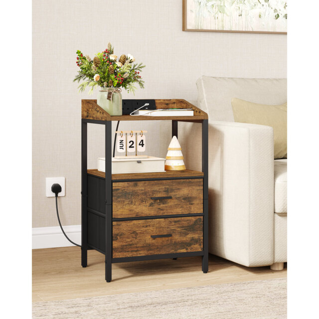 Bedside Tables Set of 2 with LED Lights and Charging Station, Bedside Cabinet with 2 Fabric Storage Drawers, Nightstand with USB Ports & TypeC for Bed