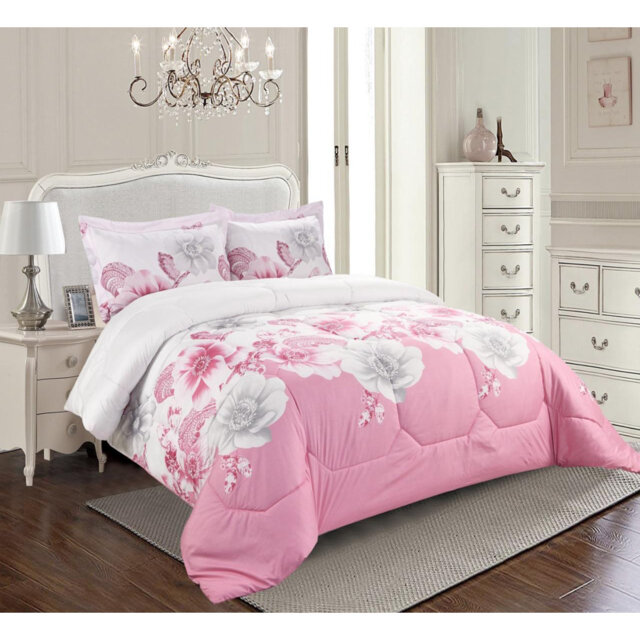 Printed Bedspreads 3 Piece Trendy Pink Comforter Bed Throw with Matching Pillow Shams