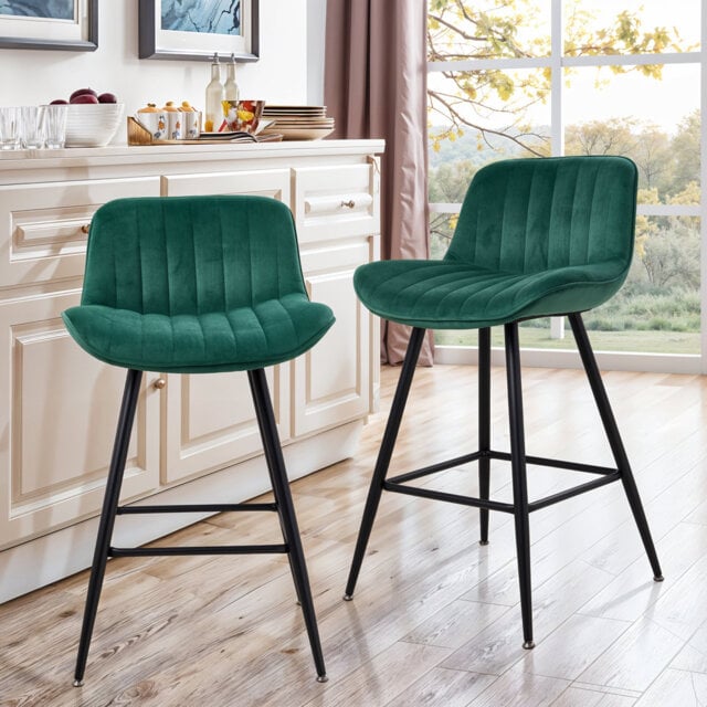 2pcs Soft Green Flannel Upholstered Bar Stools Dining Chairs