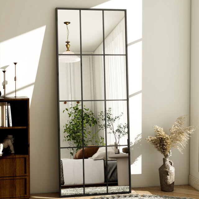 Gianlucas Aluminum Alloy Framed Full Length Mirror Rectangle Wall Mirror with Window Pane in Black