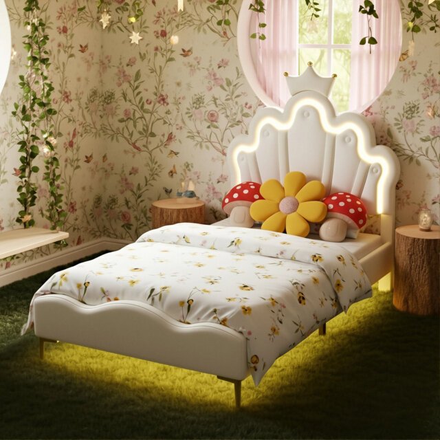 Princess Bed With Dual-Zone Led, Upholstered Height-Adjustable PU Leather Headboard, Pink/White in Multiple Sizes (90x190, 90x200, 140x200)