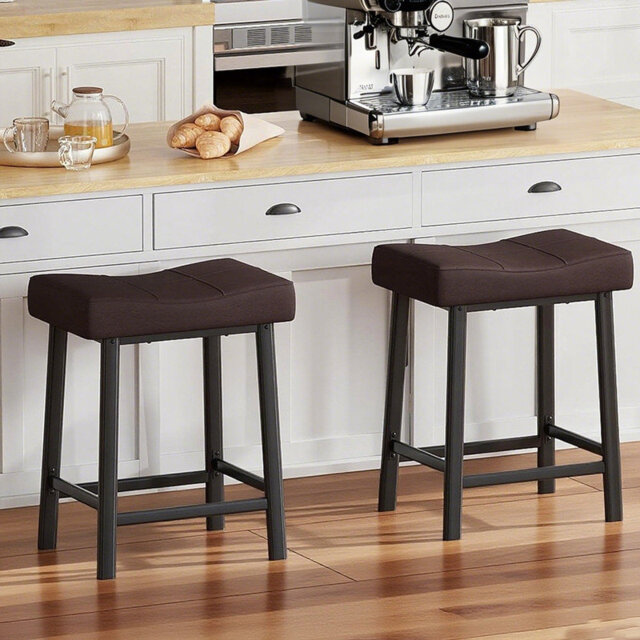 2 Pack Padded Bar Stools,60.96 cm Kitchen Bar Stools with Metal Base Faux Leather Stools