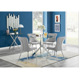 Tierra Glass and Chrome Metal Round Dining Table with 4 Luxury Velvet Dining Chairs