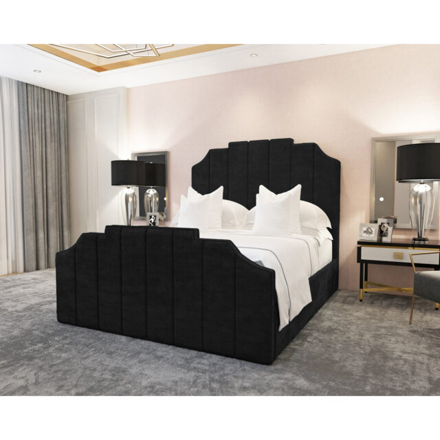 Annalei Regal Velvet Upholstered Bed Frame - Shaped Headboard, Chrome Feet