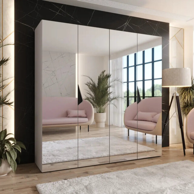 Sandi III Hinged Door Wardrobe 200cm - Four-Door Mirrored Wardrobe with Rails and Shelves