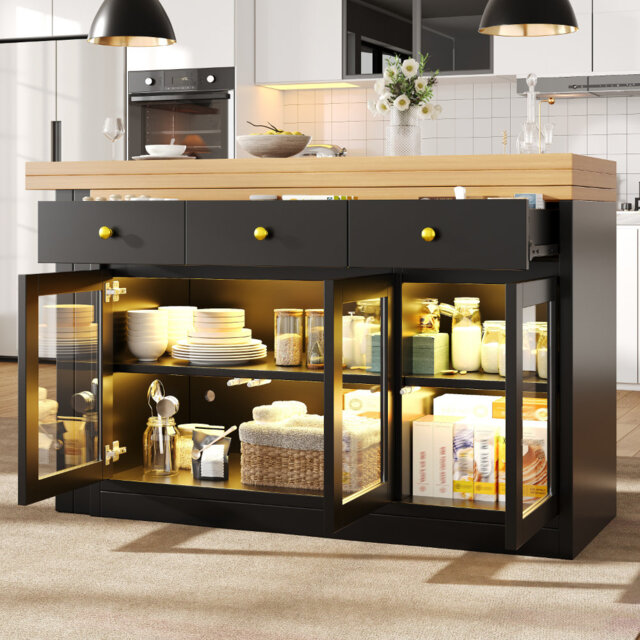 Extendable Kitchen Island with LED Lighting, Adjustable Dining Table, Storage Cabinets, 3 Drawers & Glass Cabinet Doors