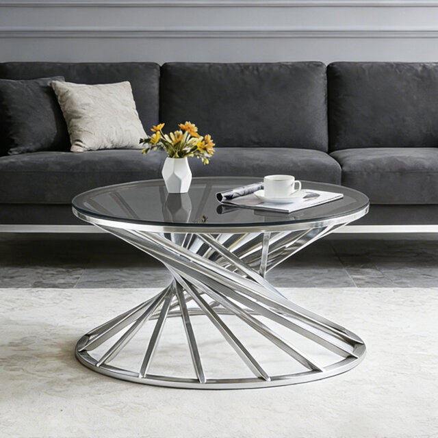 Albana 80 CM Tempered Glass Round Coffee Table with Stainless Steel Spiral Frame