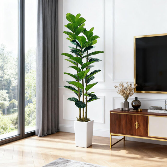 Artificial Fiddle Leaf Fig Tree with Planter, 5/6Ft Tall Fake Tree with Natural Wood Trunk for Home Decor, Faux Ficus Tree Fake Moss for Home Office W