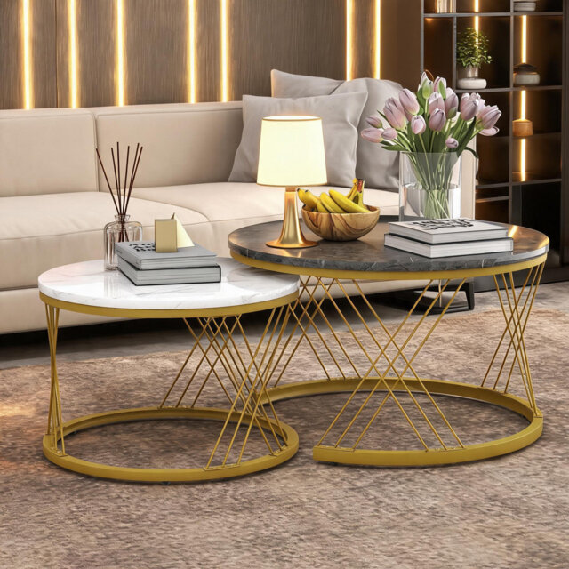 Round Nesting Coffee Table Set of 2, Modern Marble Pattern Top with Gold Metal Frame, Small Stacking Side End Table for Living Room, Bedroom, Home Off
