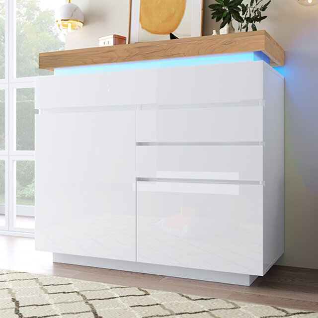 Modern High-gloss Sideboard Cabinet With Rgb Led, 2 Doors & 3 Drawers, White 115cm