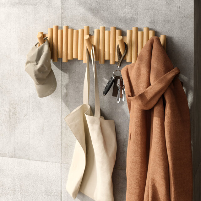 Picket 8-Hook Wall-Mounted Wooden Coat Rack with Adjustable Flip-Down Hooks