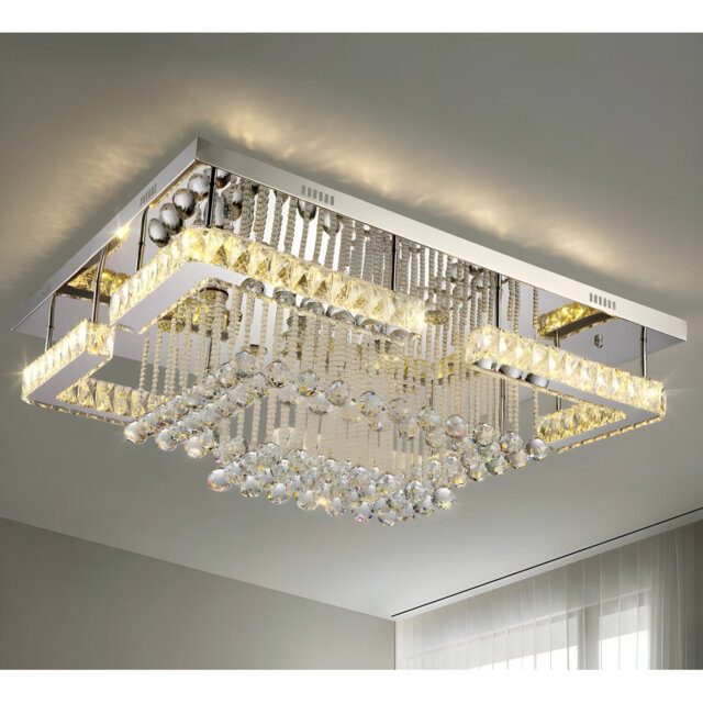 Crystal LED Ceiling Light, Stainless Steel K9 Modern Flush Mount Fixture, Square Chandelier with Glass Droplets. Ideal Ceiling Lamp for Dining Room, L