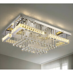 Crystal LED Ceiling Light, Stainless Steel K9 Modern Flush Mount Fixture, Square Chandelier with Glass Droplets. Ideal Ceiling Lamp for Dining Room, L