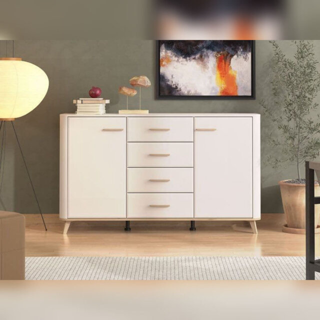 Kuri 154cm Sideboard Cabinet Storage 154cm Wide 2 Door 4 Drawer Unit  Cashmere And Oak Effect For Dining & Living Room