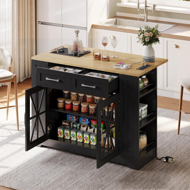 Kitchen Island on Wheels with Foldable Worktop, Rolling Kitchen Trolley with Glass Door, Built-in AC Socket & USB Ports, Lockable Castors, Storage Un