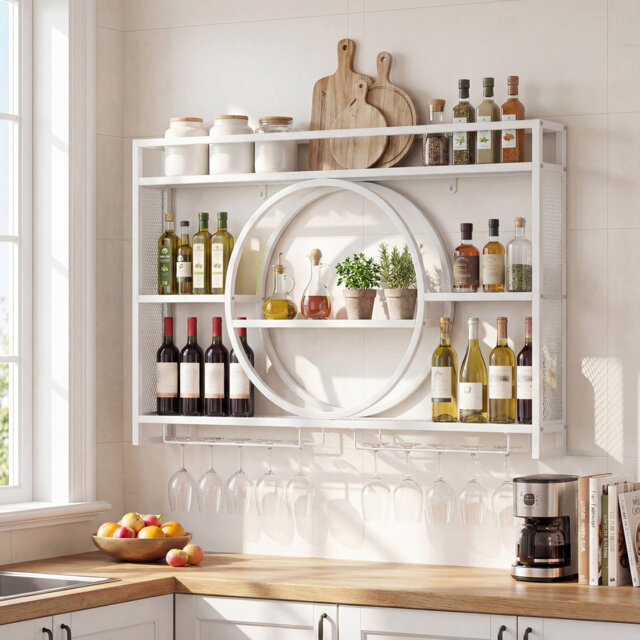 Wall Mounted White Wine Rack 3-Tier Large Capacity Hanging Bar Shelf Modern Metal Liquor Bottle Display Storage Shelf