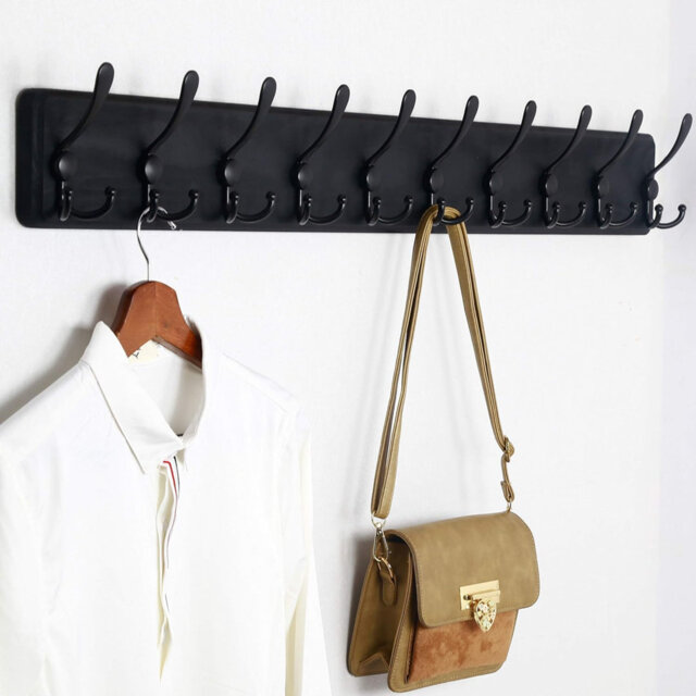 Coat Rack Wall Mounted Long, 98Cm Long,10 Tri Hooks For Hanging Coats,16 ‘’ Hole To Hole,Wood Coat Hooks Wall Mounted,Wall Coat Hanger,Hook Rack For C