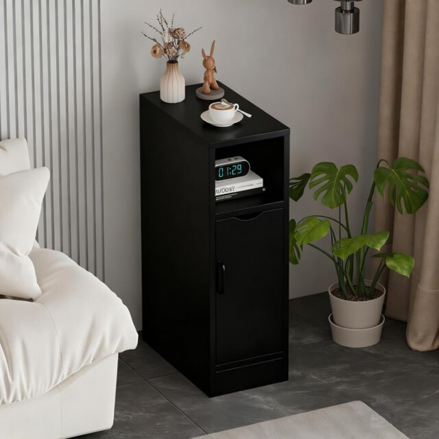 Slim Tall Bedside Tables Set Of 2 With Door & Storage Space For Bedroom, High Gloss Narrow Sofa Side Table End Table For Living Room
