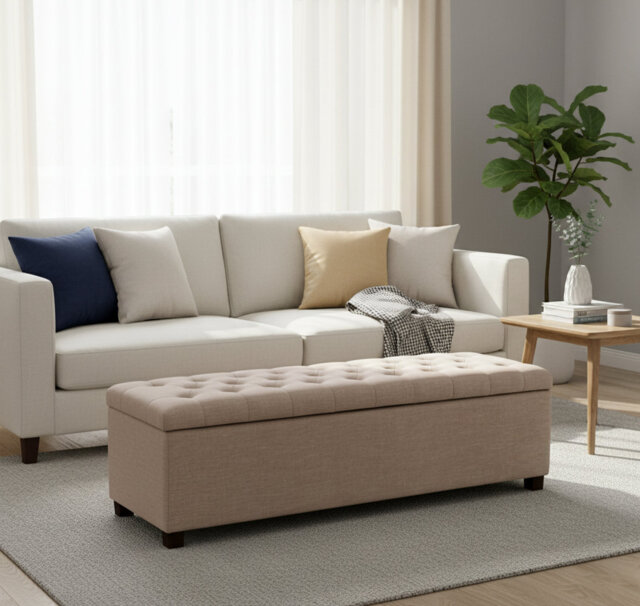 Linoso Chesterfield Storage Ottoman Bench, Tufted Upholstered Footstool with Hinged Lid and Square Wooden Legs