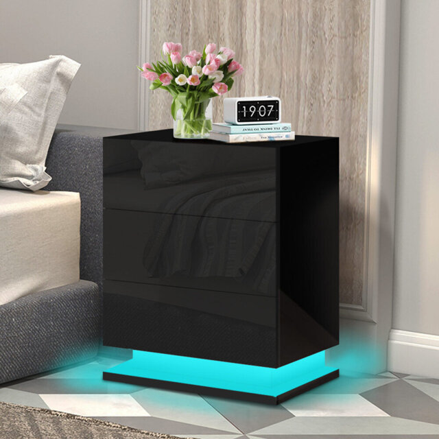 ELFORDSON Bedside Table LED Bedside Cabinet 3 Drawers 4 Side High Gloss Nightstand
