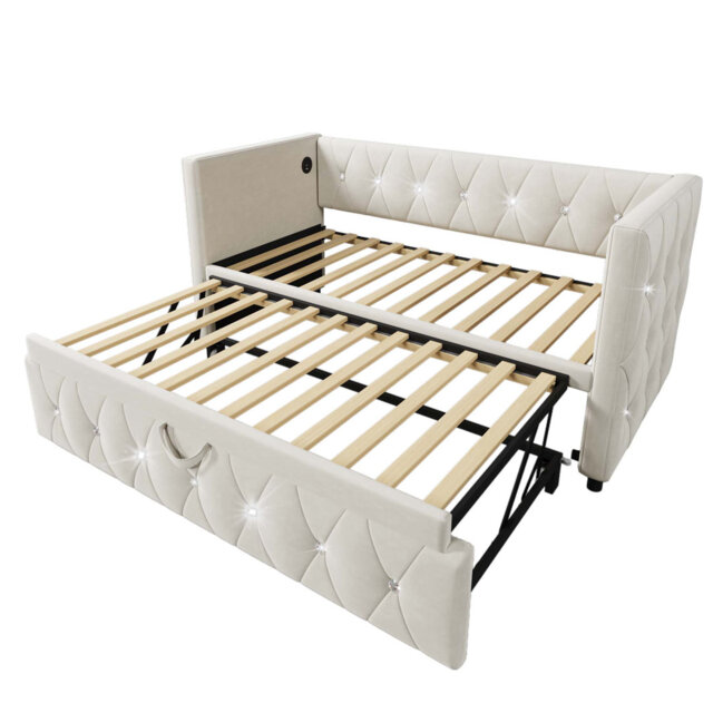 3FT Single Daybed Sofa Bed with Pull-Out Trundle, Velvet Upholstered Frame, Ideal for Living Room and Bedroom, 90x190cm