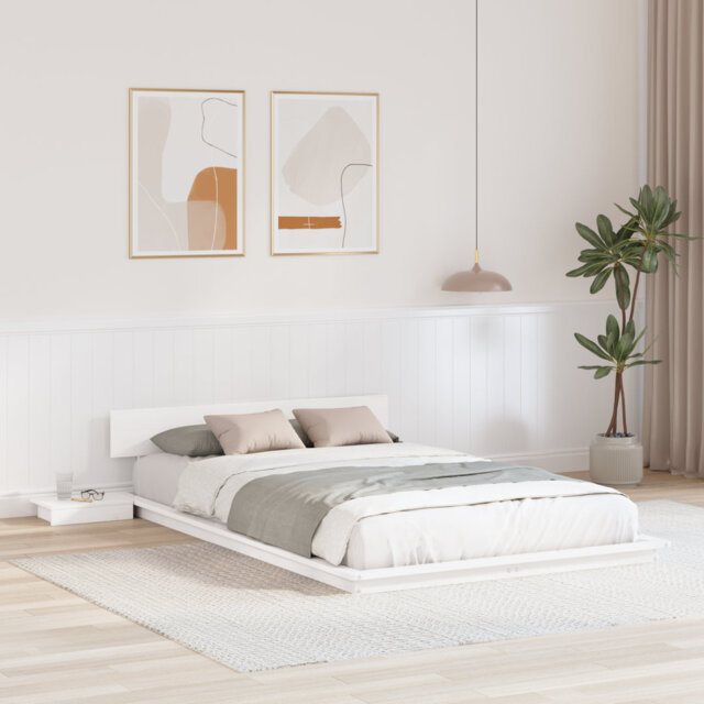 Floor Bed Frame With Bedside Tables White 150X200cm Solid Wood