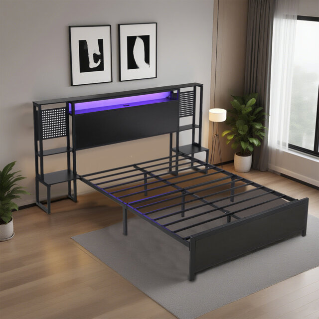 Metal Bed with LED Lights & Charging Ports - 135x190cm Iron Bed Frame with Built-in Bedside Table