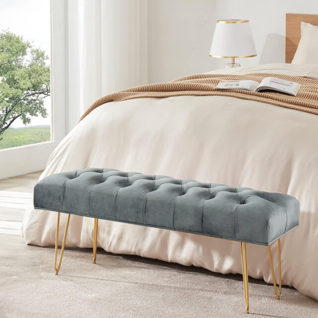 Bench Velvet Tufted, 24D Foam, Gold Metal Legs