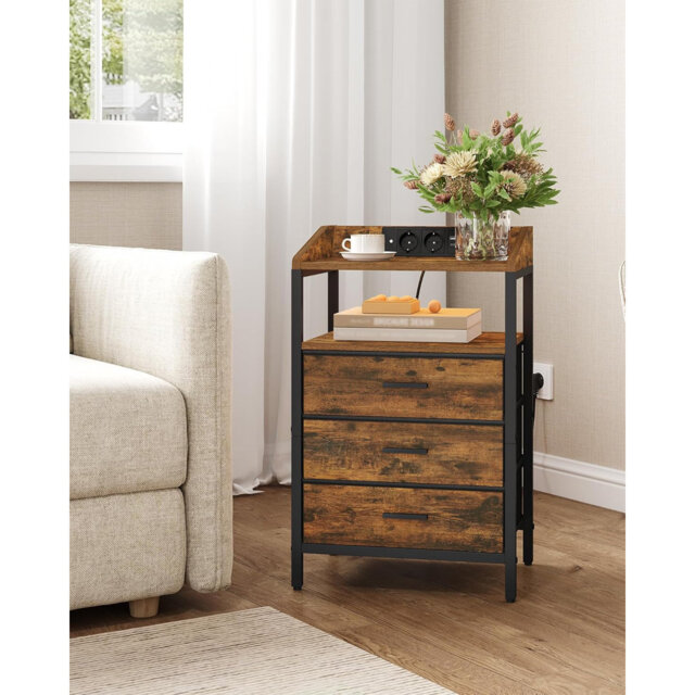 Bedside Table with LED Lights and Charging Station, Bedside Cabinet with 3 Fabric Storage Drawers and Shelves, Nightstand with USB Ports & TypeC for B