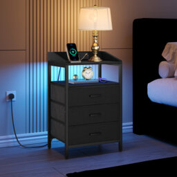 Bedside Table with LED Lights and Charging Station, Bedside Cabinet with 3 Fabric Storage Drawers and Shelves, Nightstand with USB Ports & TypeC for B