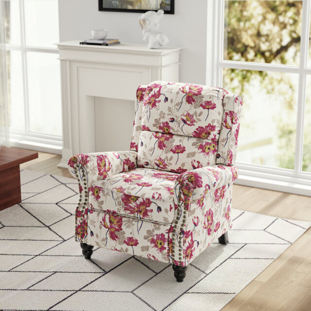 Ameiah Upholstered Farmhouse Manual Push Back Recliner with Solid Wood Legs
