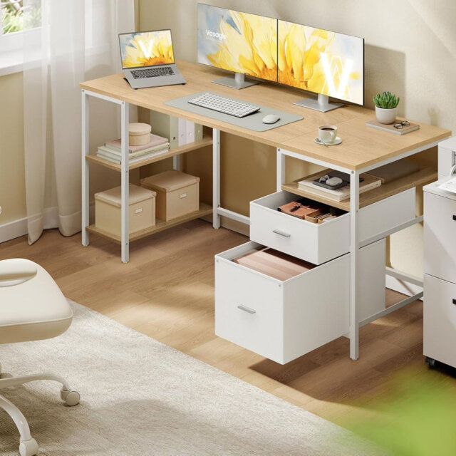 Computer Desk, Work Desk with Storage, 3 Shelves, 2 Drawers, 60 x 160 x 76 cm, Rustic Brown and Matte Black