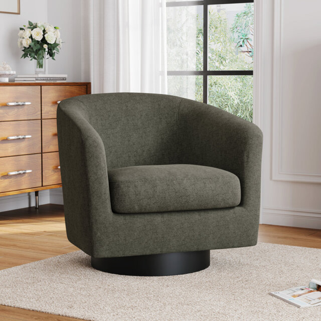 Upholstered Swivel Barrel Chair With Solid Wood Base