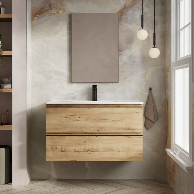 Bethene 1000mm Ostippo Oak Wall Hung Vanity Unit With Athena Basin