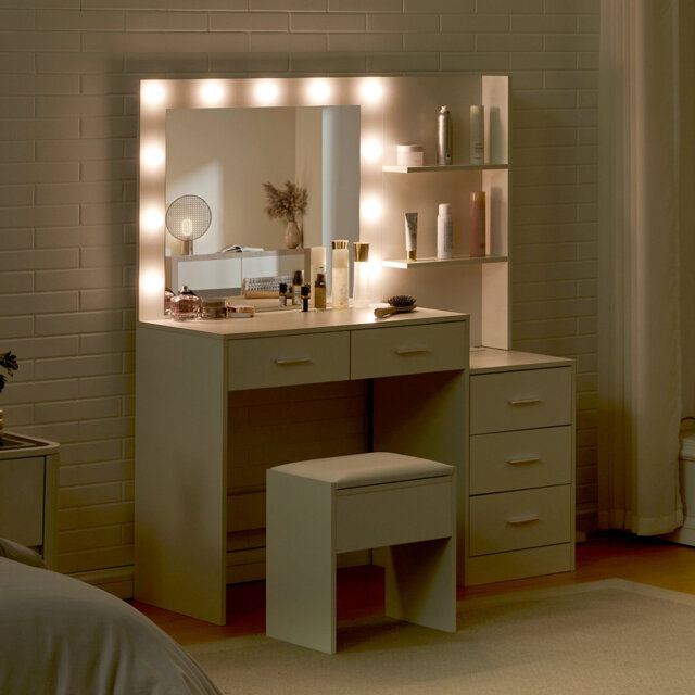 120X40x140cm Make-Up Table, 5 Drawers, Dressing Table With Mirror, Incl. LED Light