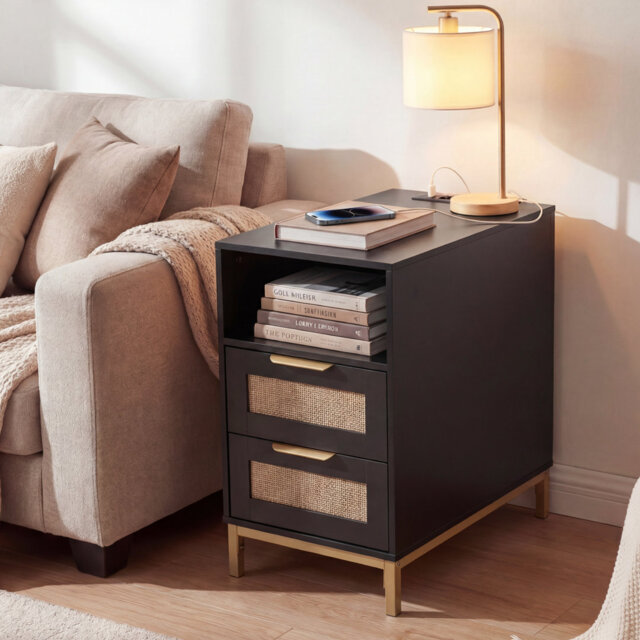 Brown Bedside Table Narrow End Table With Charging Station Rattan Nightstand With Open Cubby & Back Storage