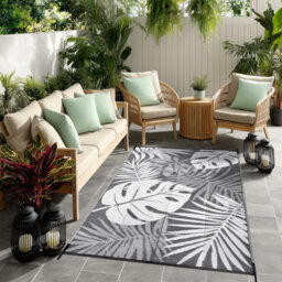 plant pattern indoor/outdoor garden patio rug waterproof grey white