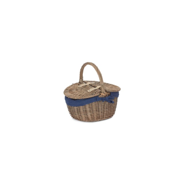 Small Antique Wash Finish Oval Wicker Picnic Basket With Blue Lining
