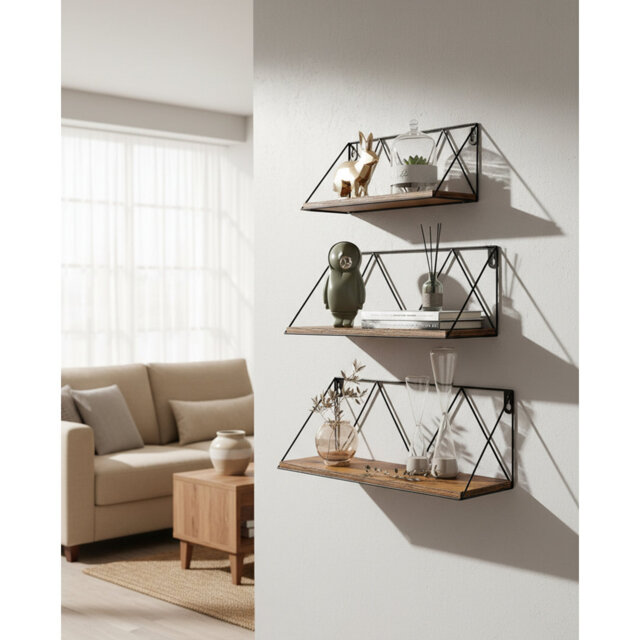 Rustic Floating Wall Shelves Set Of 3 With Metal Brackets
