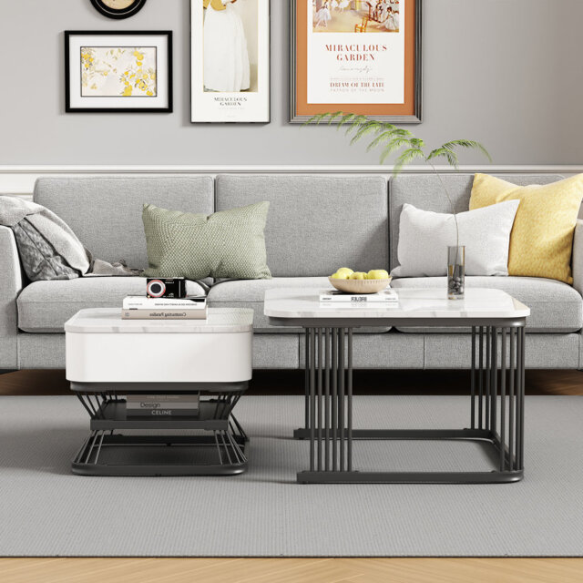 [2-Piece] Modern Square Nesting Coffee Table Set with Marble Effect, Storage Drawer & Shelf