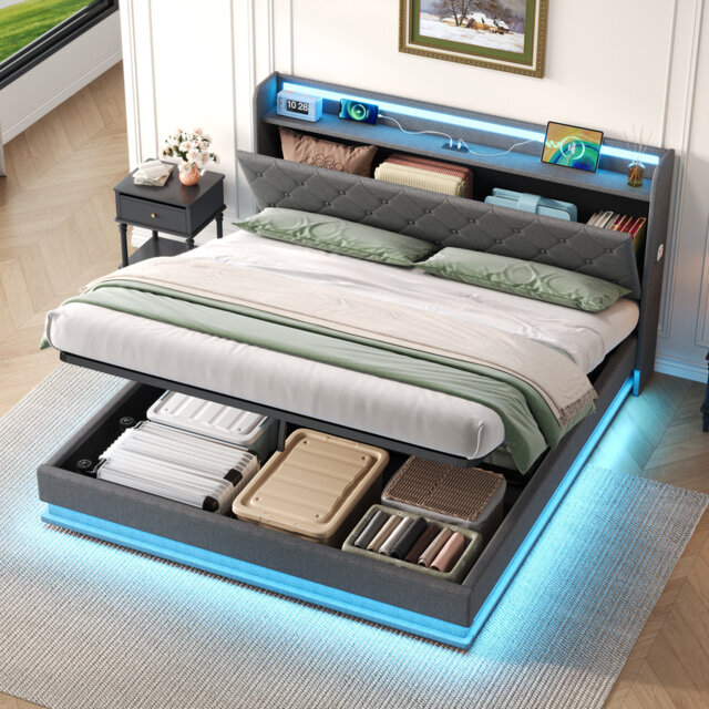 Double Storage Bed With Rgb Lighting & Usb Charging - Hydraulic Lift Base, No Box Spring Needed, Button-tufted Headboard